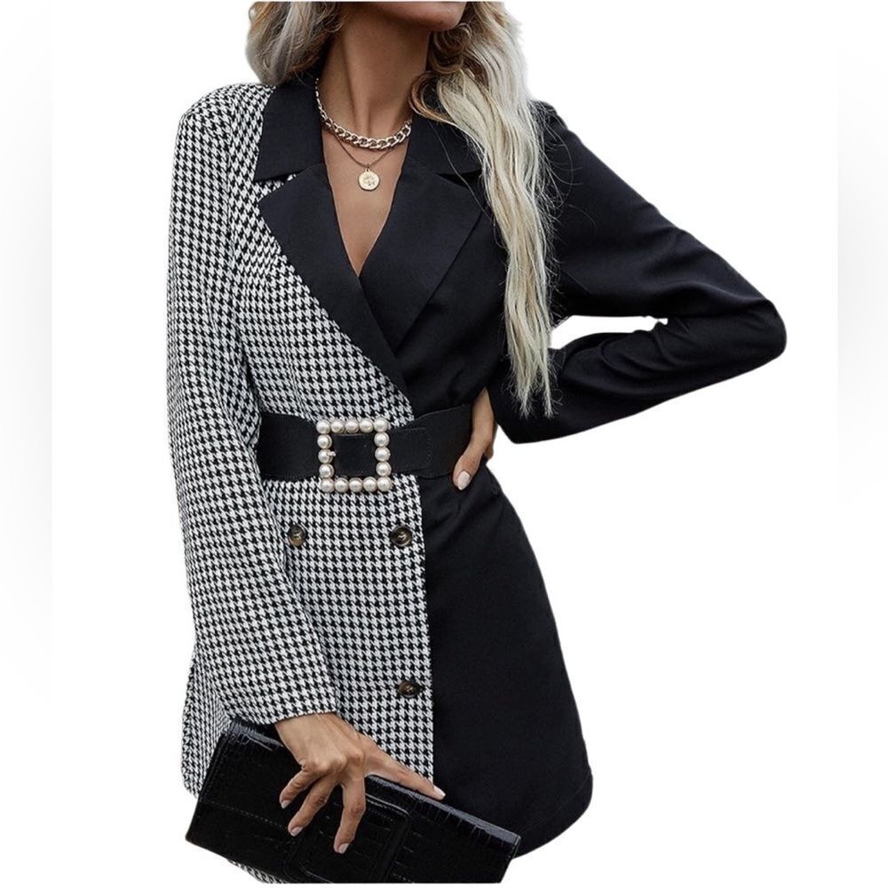 SHEIN Curve houndstooth/black double breasted coat belt faux pearl buckle sz 4XL